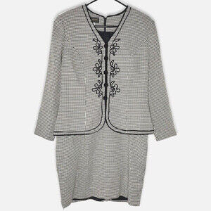 Vintage Donna Ricco Womens Dress Petite 12 Black Herringbone V Neck Suit Dress